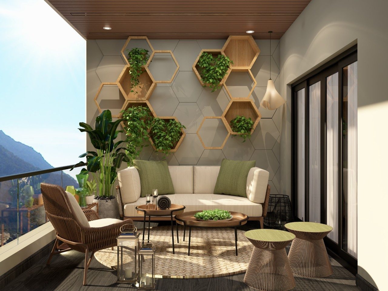 Balcony design with hexagon patterned tiles and wall planters - Beautiful Homes