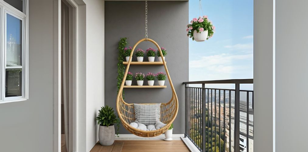 Balcony with hanging chair and vertical planters - Beautiful Homes
