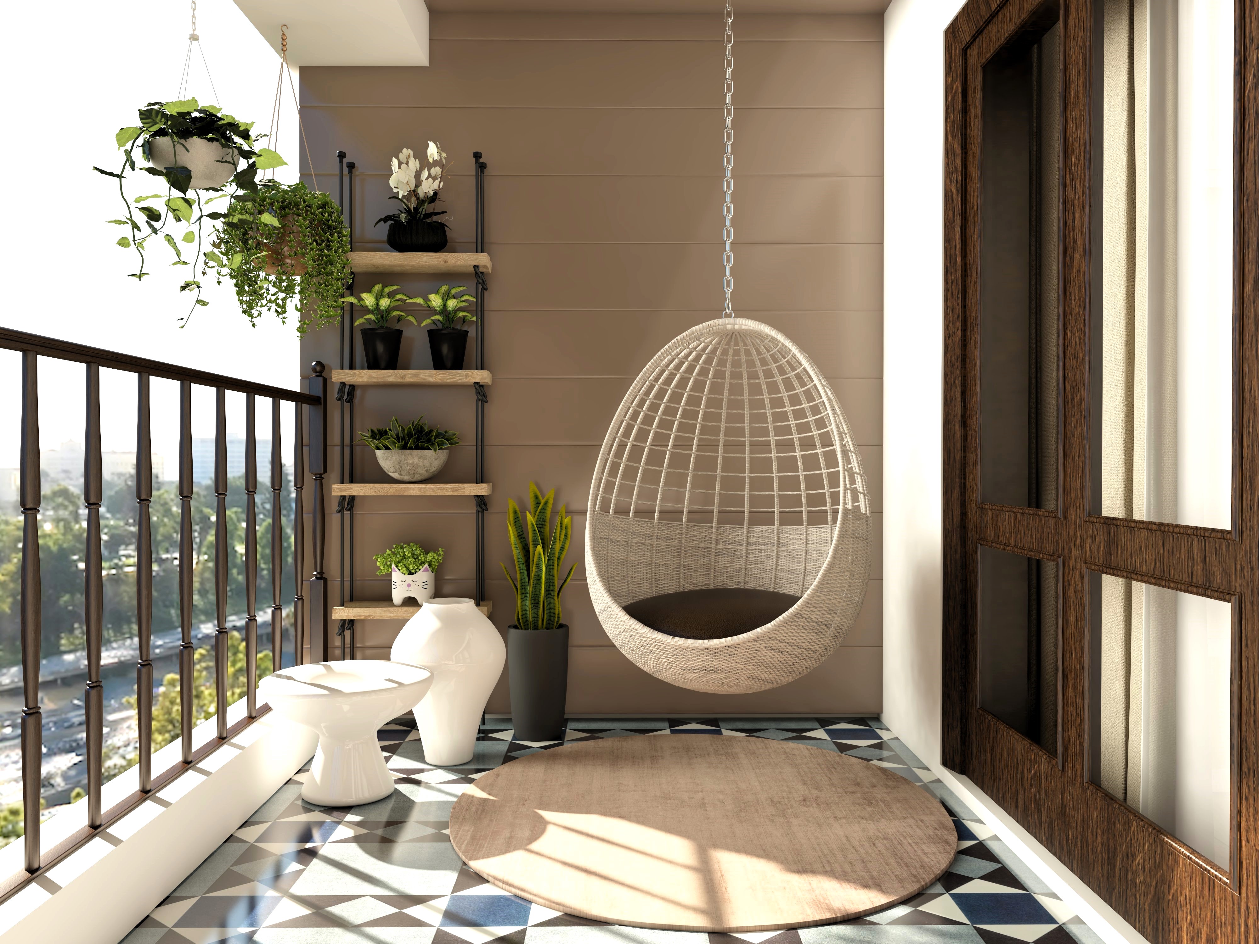 Balcony design with swing and steel railing-Beautiful Homes