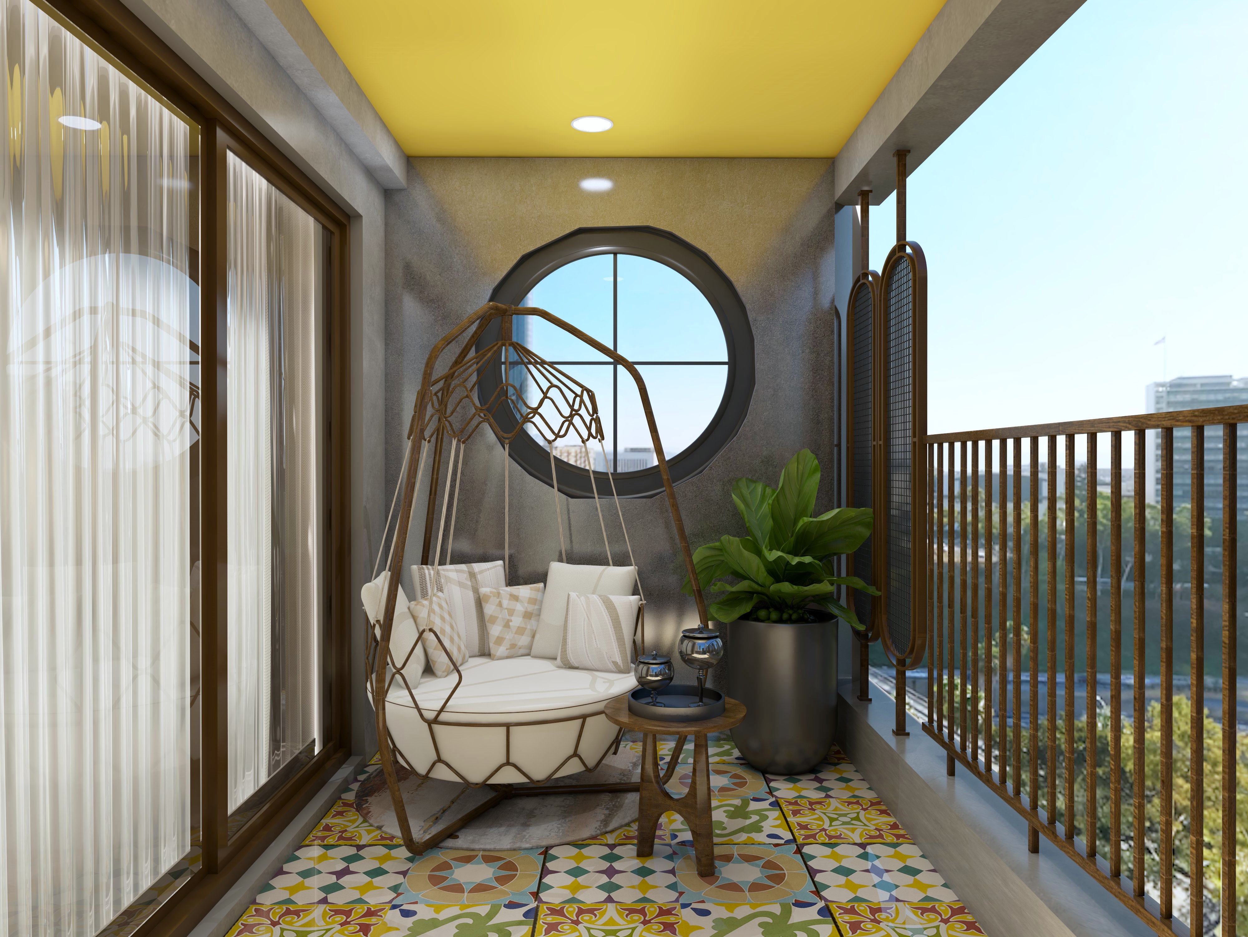 Balcony design with white swing and colorful floor tiles - Beautiful Homes