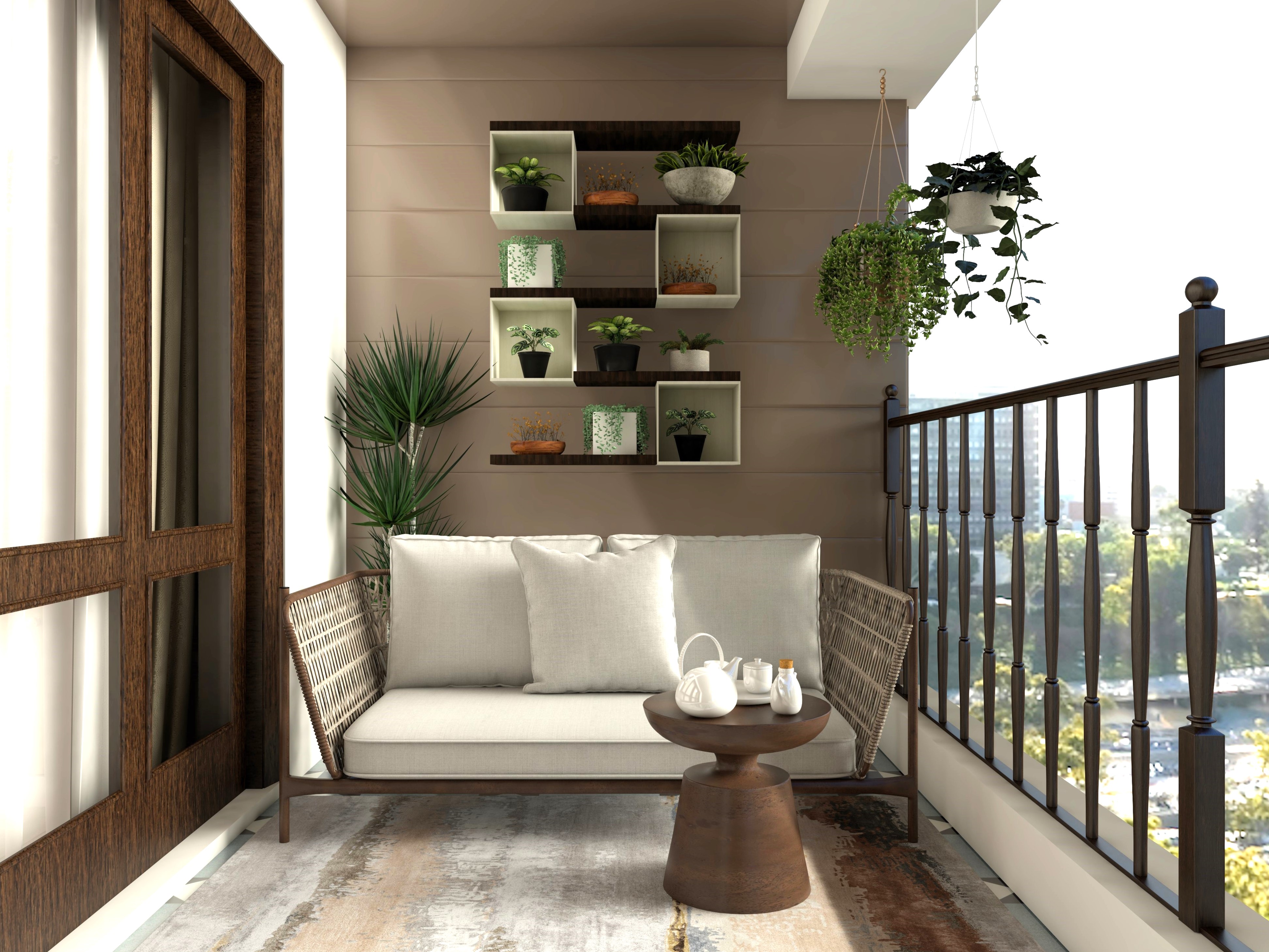 Balcony design with wooden wall shelves and white sofa-Beautiful Homes