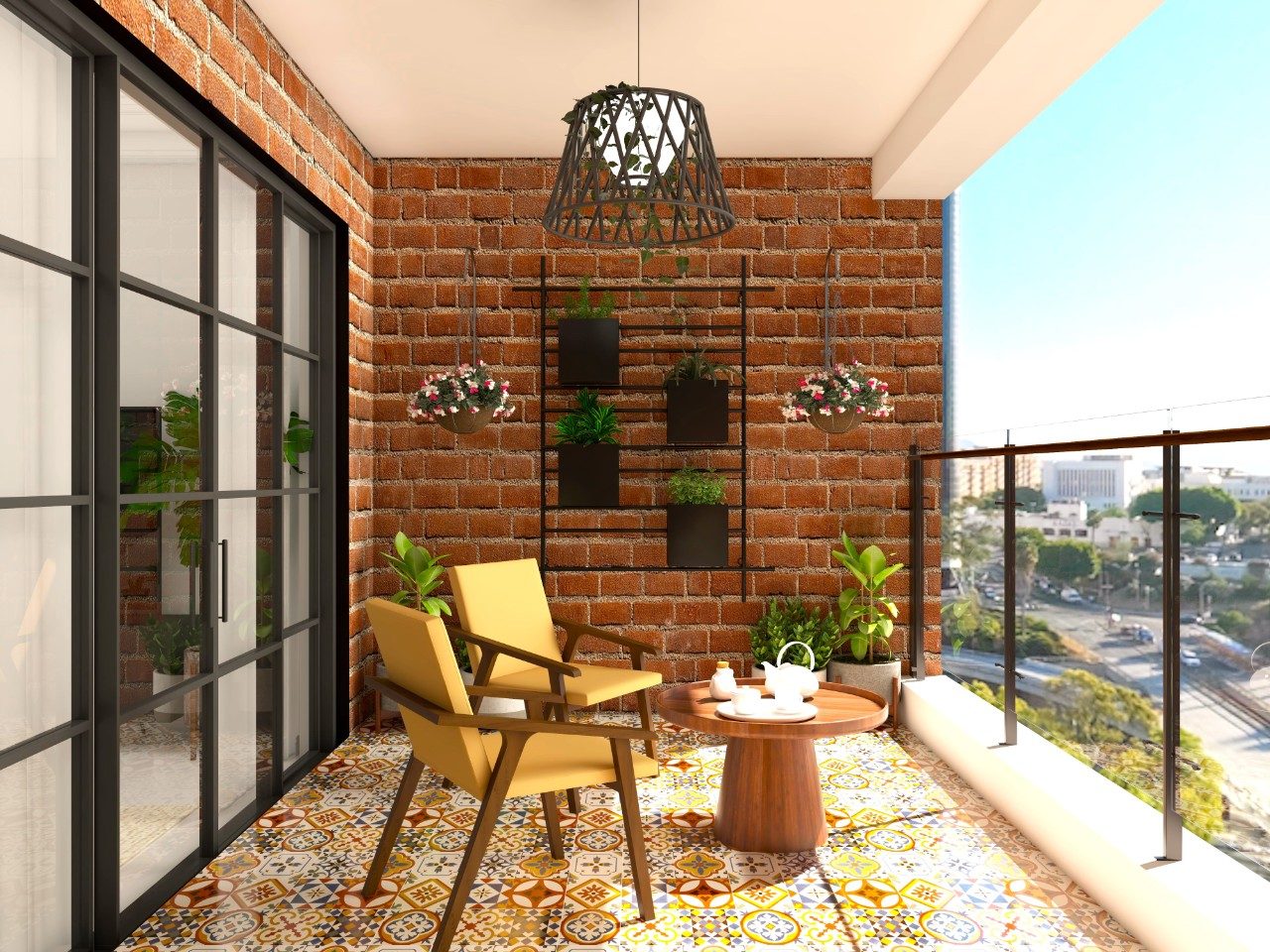 Balcony wall design with bricks and wall planters-Beautiful Homes