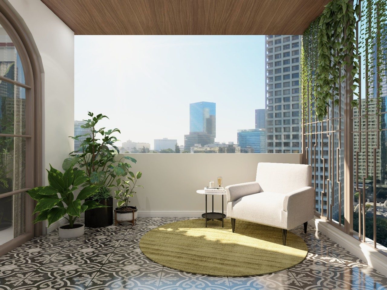 Balcony with a white armchair and round green carpet-Beautiful Homes