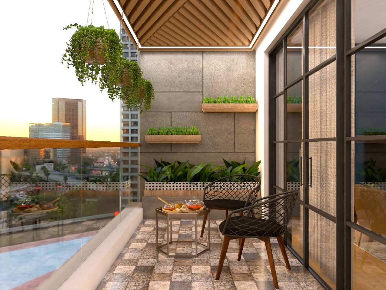 Balcony with glass railing and outdoor wall plants-Beautiful Homes