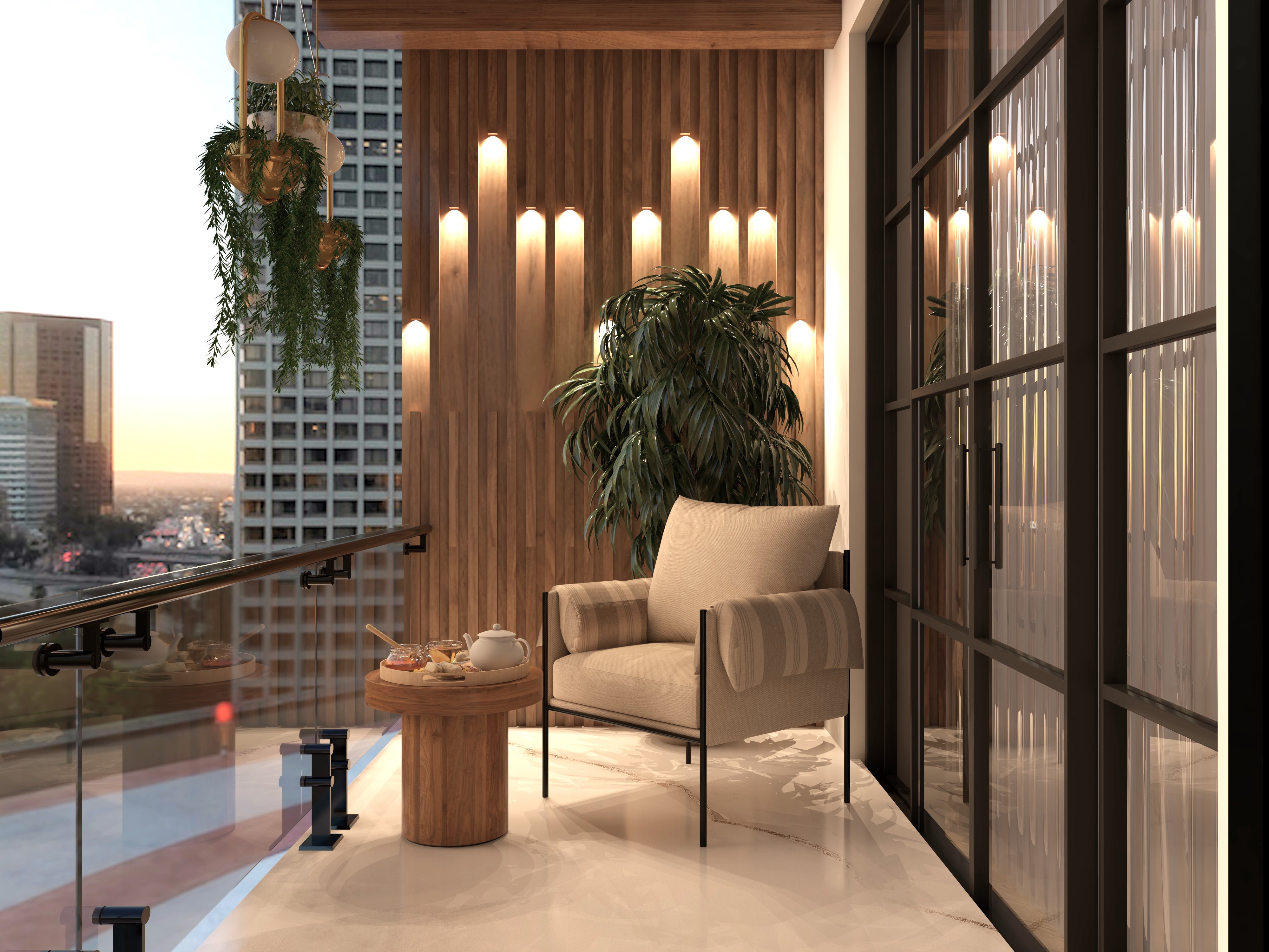 Balcony with wall panel, Nilaya Luxe accent chair, and planters - Beautiful Homes