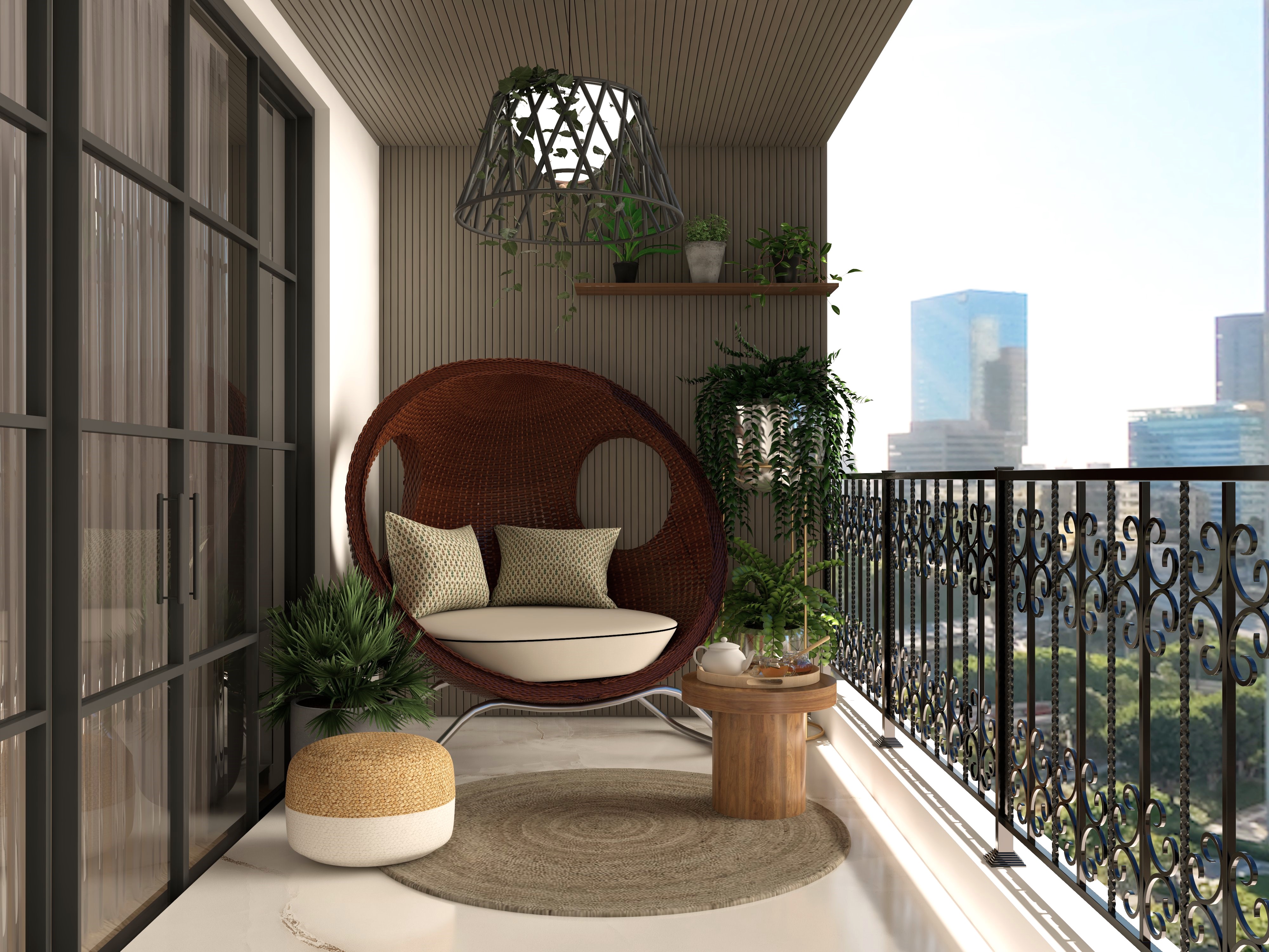 Balcony with wall-to-ceiling fluted panel, seating area, and planters - Beautiful Homes