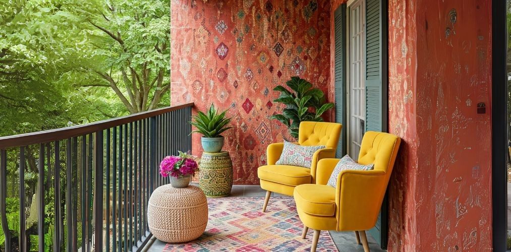 Cozy balcony with patterned wall and yellow chairs - Beautiful Homes