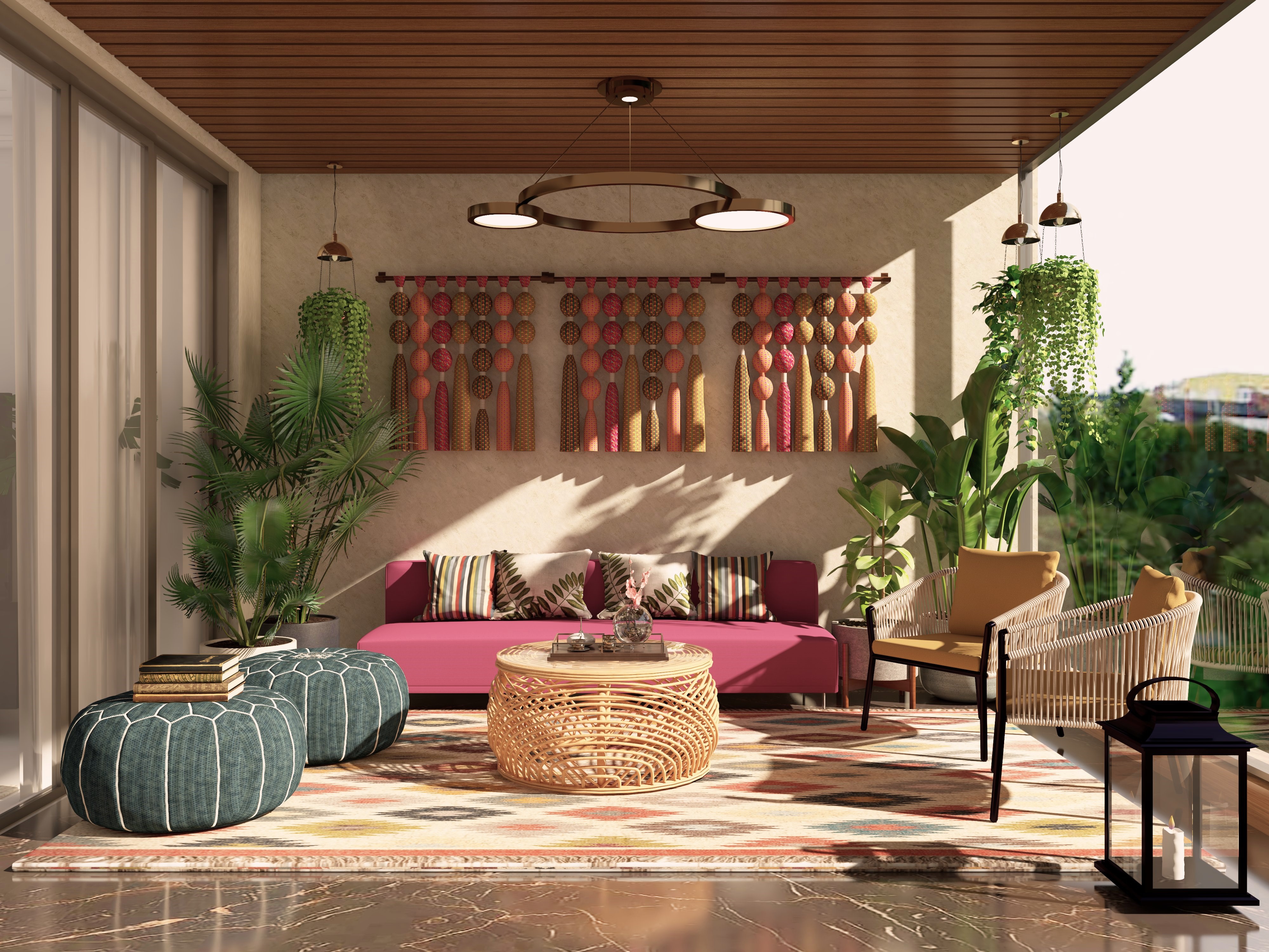 Bohemian balcony with cane coffee table and colourful furniture - Beautiful Homes