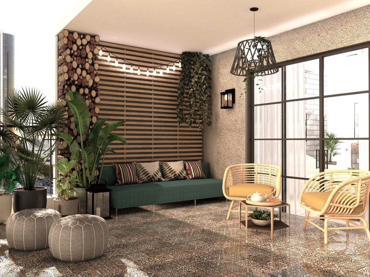 Bohemian spacious balcony with Asian Paints floor tiles, planters, and a wall panel - Beautiful Homes