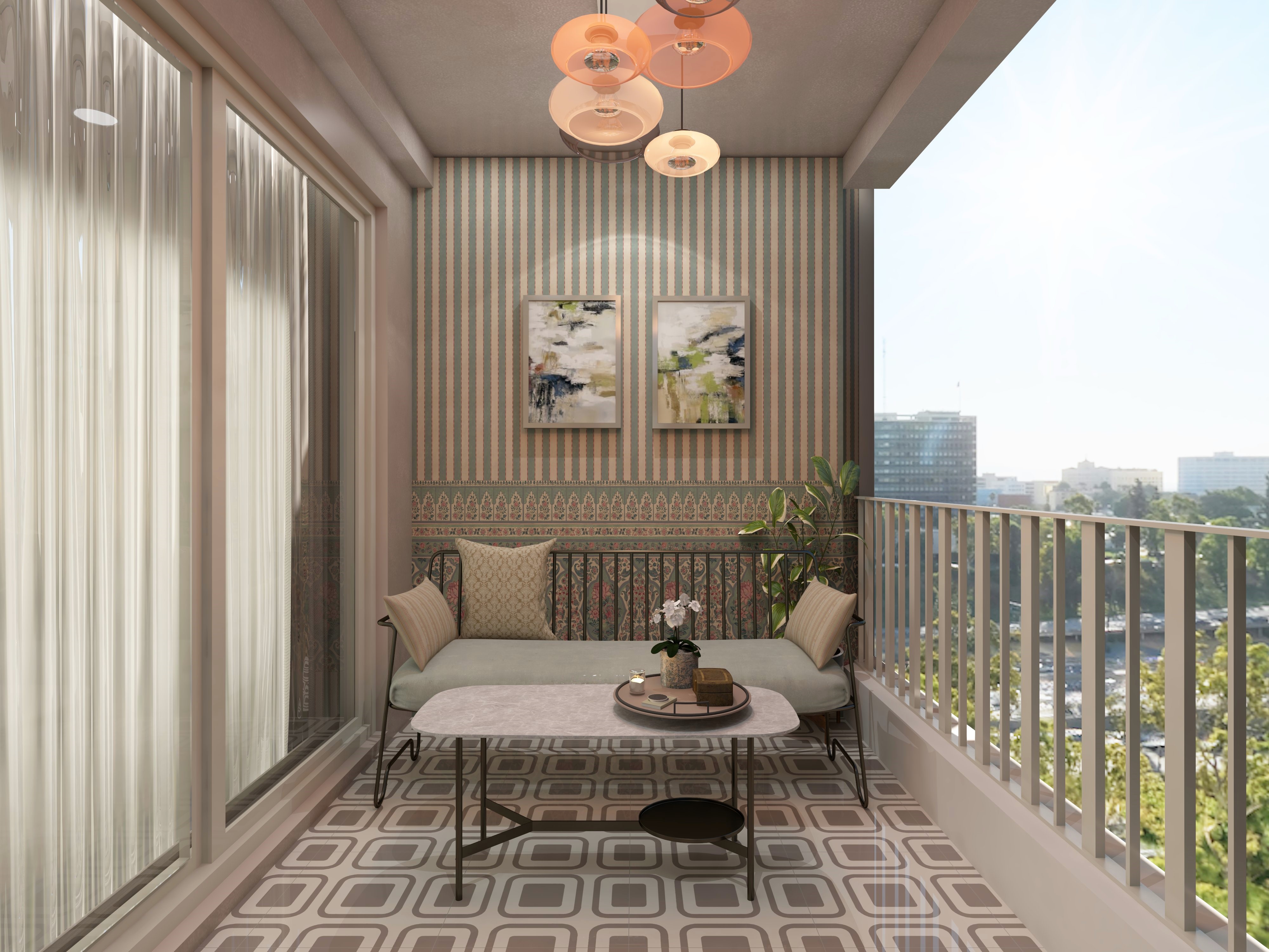 Classic balcony design with Sabyasachi wallpaper - Beautiful Homes