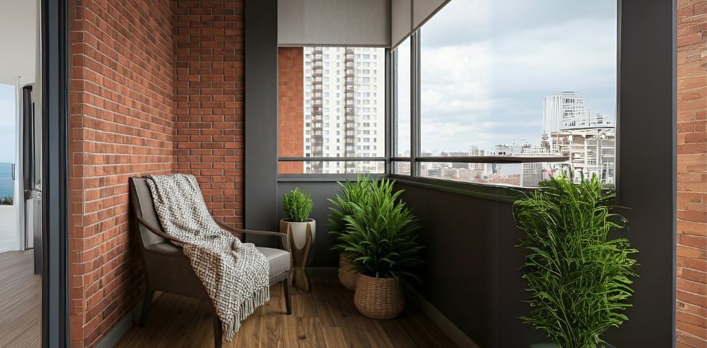 Balcony with brick walls, wooden tiles, and planters - Beautiful Homes