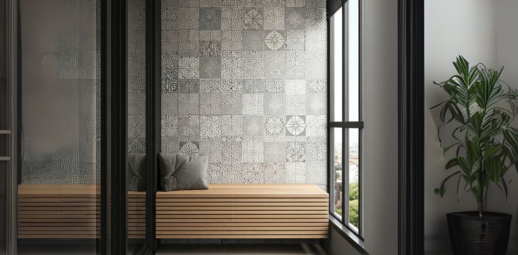 Balcony with patterned wall and wooden bench - Beautiful Homes