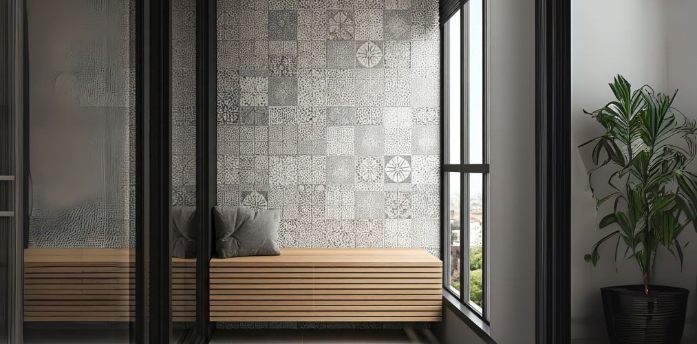 Balcony with patterned wall and wooden bench - Beautiful Homes