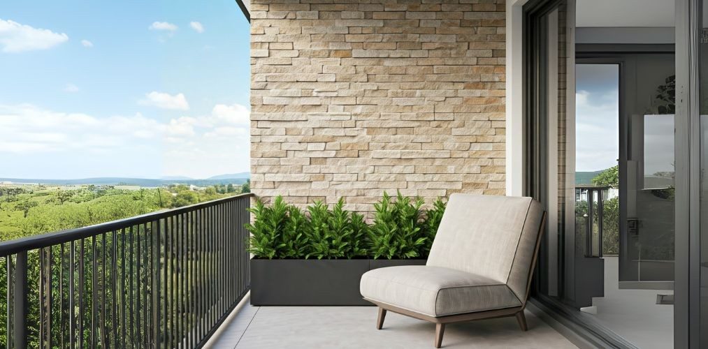 Balcony with stone wall, planters, and steel railing - Beautiful Homes