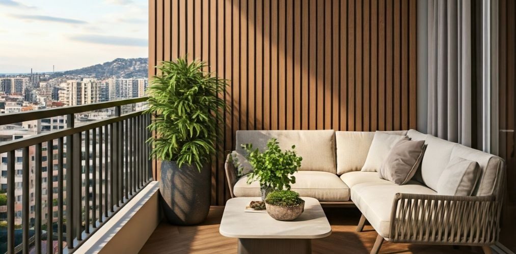 Balcony with wooden wall, green plants, and cozy seating - Beautiful Homes