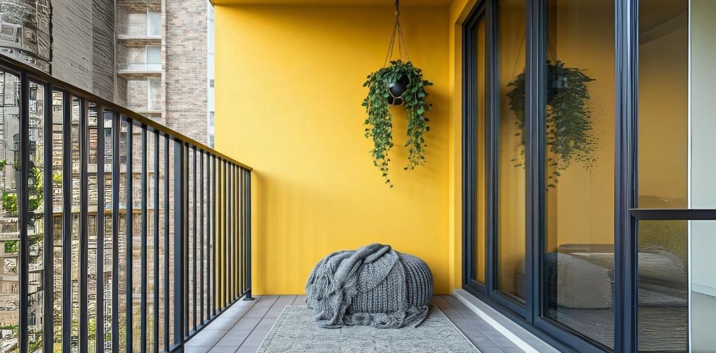 Yellow balcony with black railing and hanging plants - Beautiful Homes