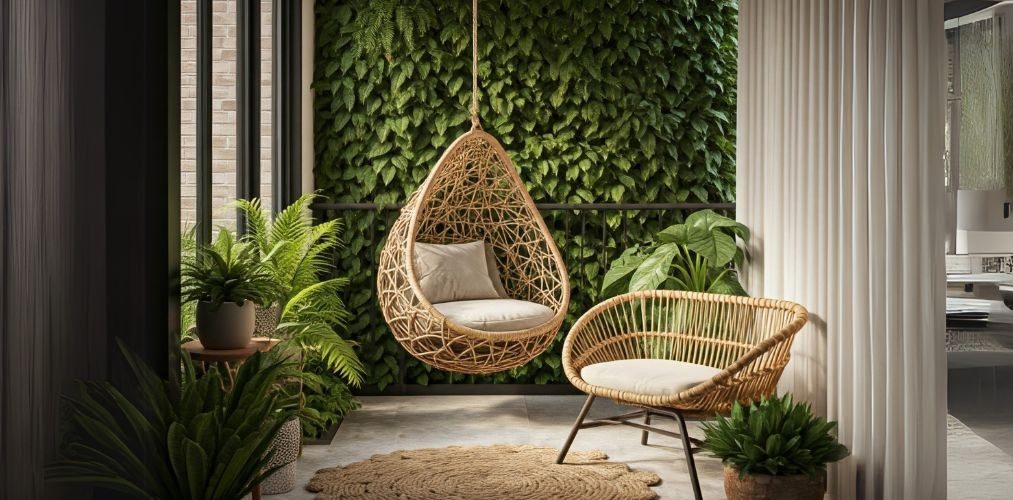 Balcony with green wall and wicker furniture - Beautiful Homes