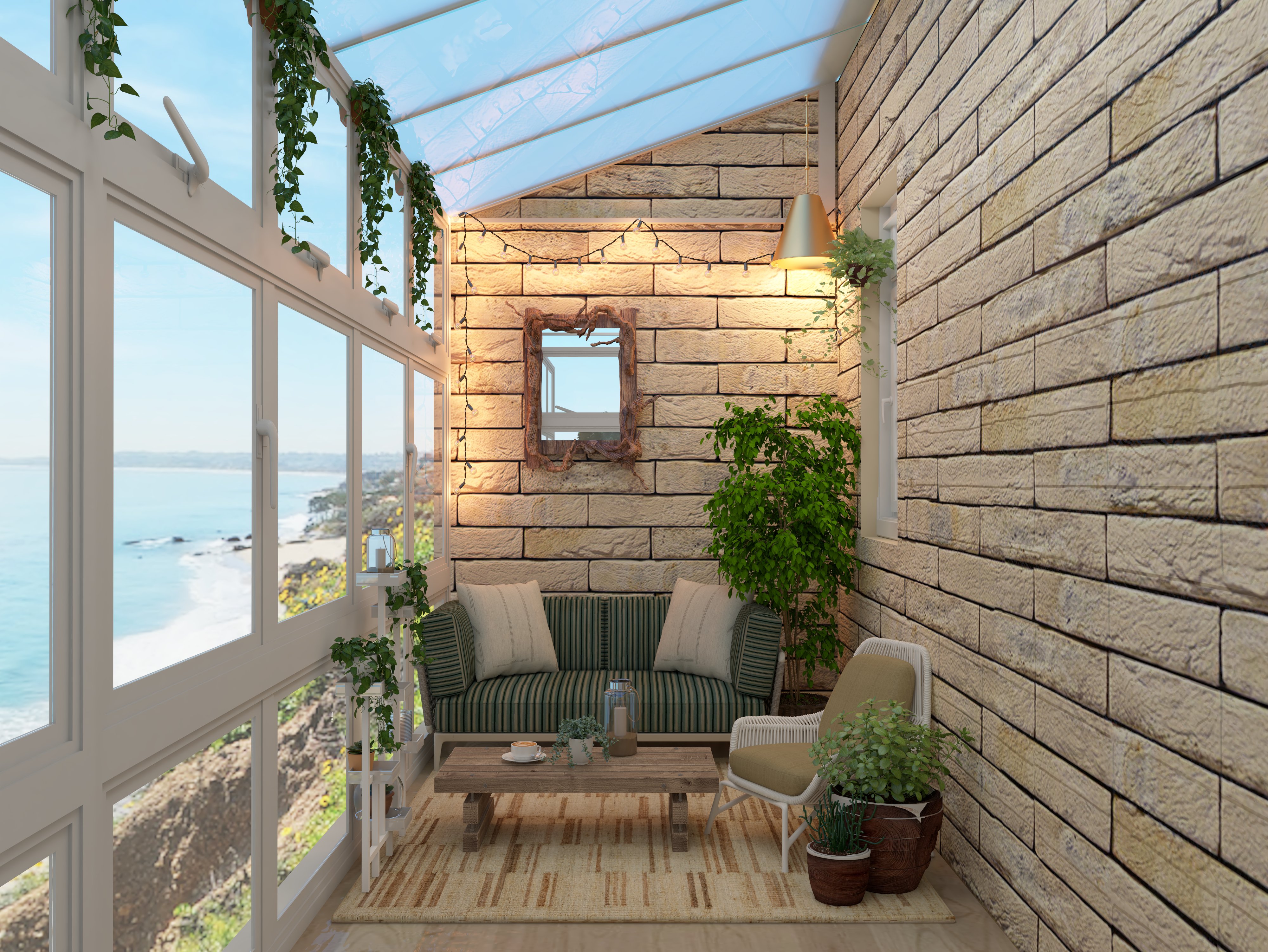 Cozy balcony with glass walls and plants - Beautiful Homes