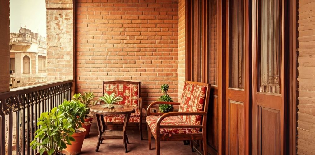 Cozy balcony with plants and brick backdrop - Beautiful Homes