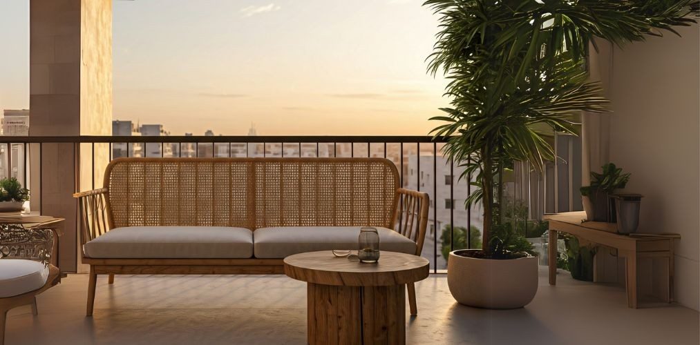 Balcony with wooden sofa, table, and potted plants - Beautiful Homes