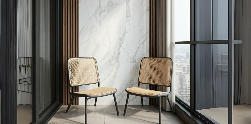 Balcony with rattan chairs, glass panels, and marble wall - Beautiful Homes