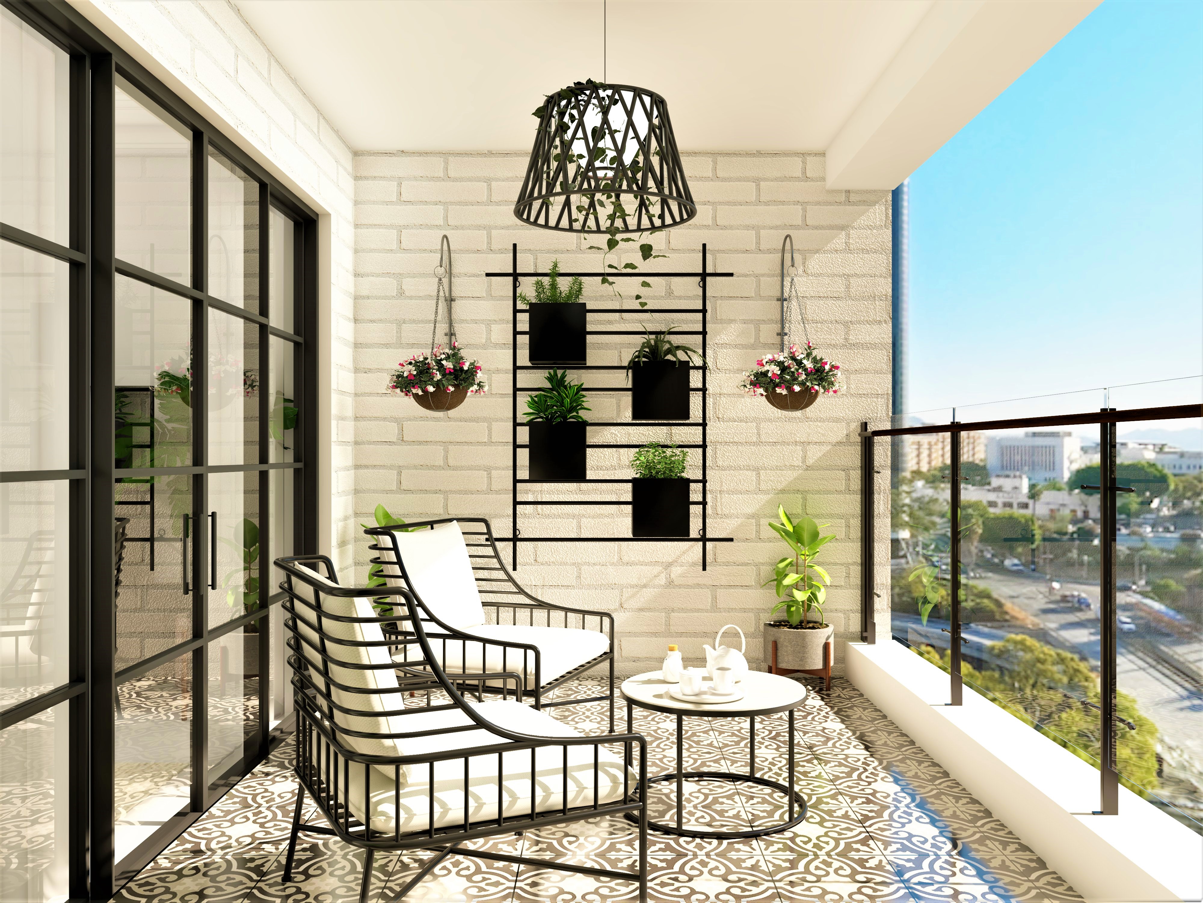 Modern balcony design with iron grill shelves