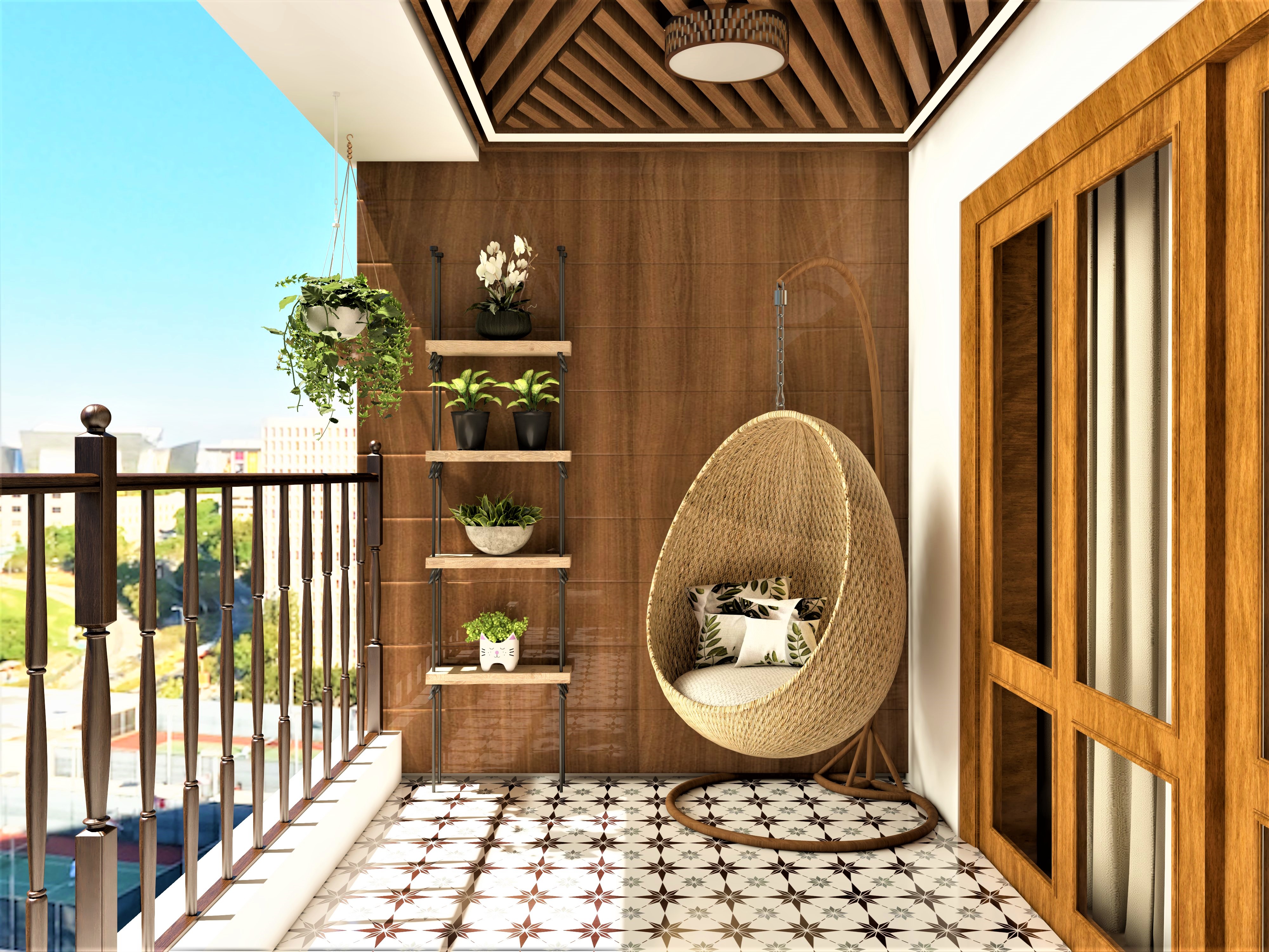 Modern Balcony Design with Swing and Designer tiles-Beautiful Homes