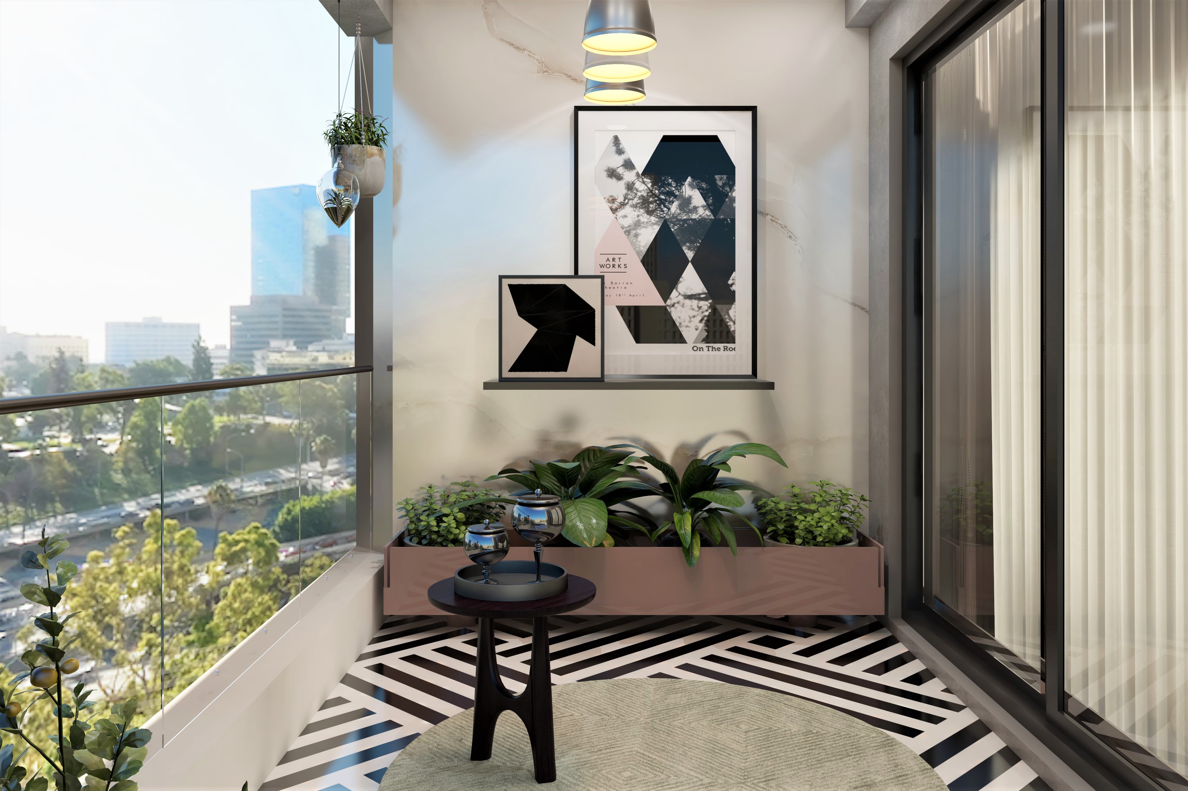 Modern balcony garden with wall shelf and black and white tiles-Beautiful Homes