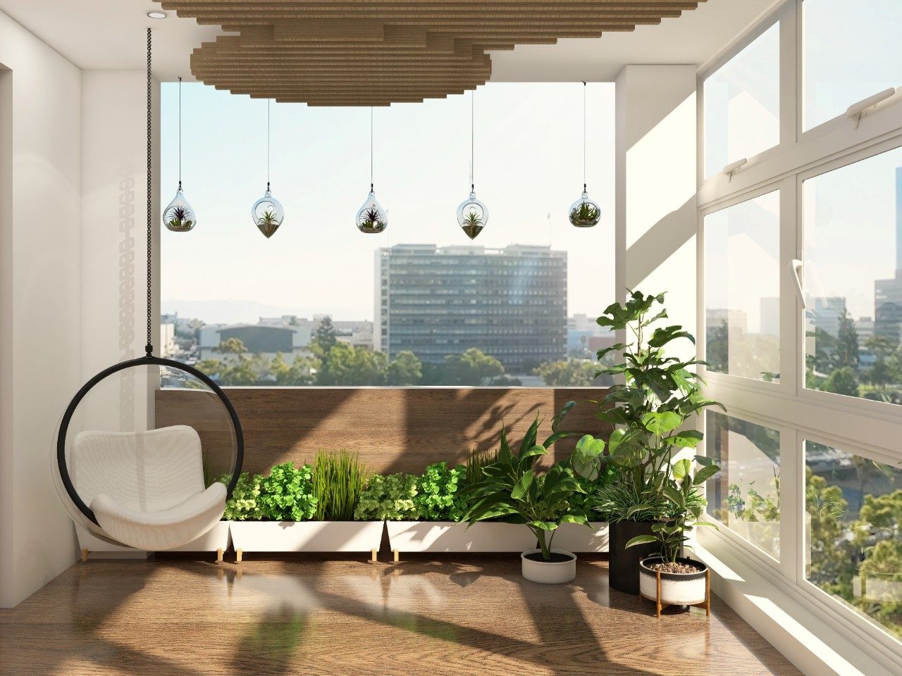 Modern balcony with swing and hanging lights-Beautiful Homes