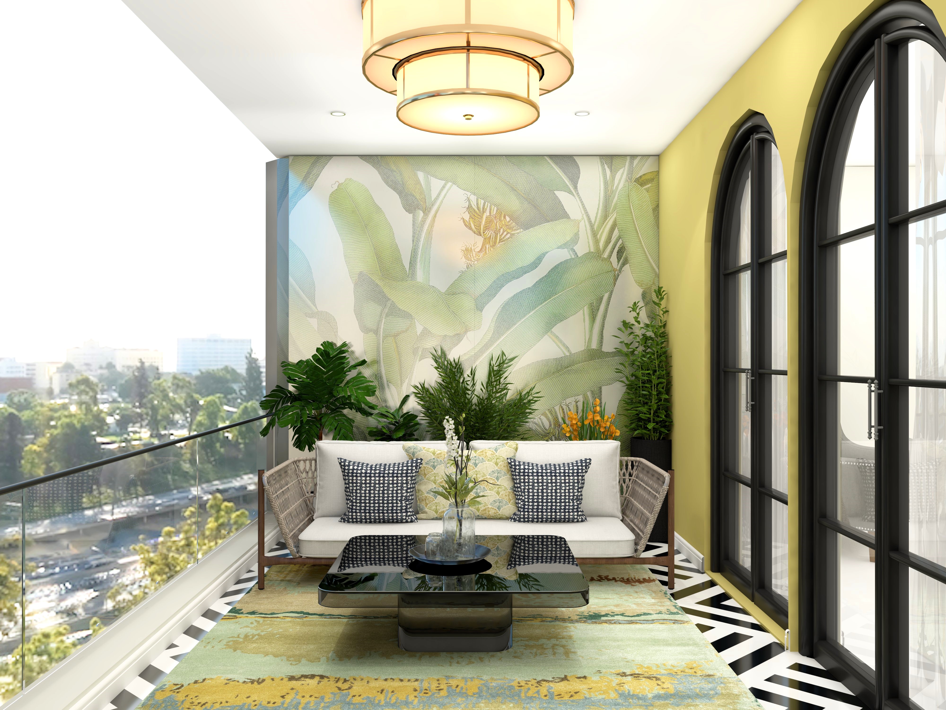 Modern balcony with tropical wallpaper and glass railing - Beautiful Homes