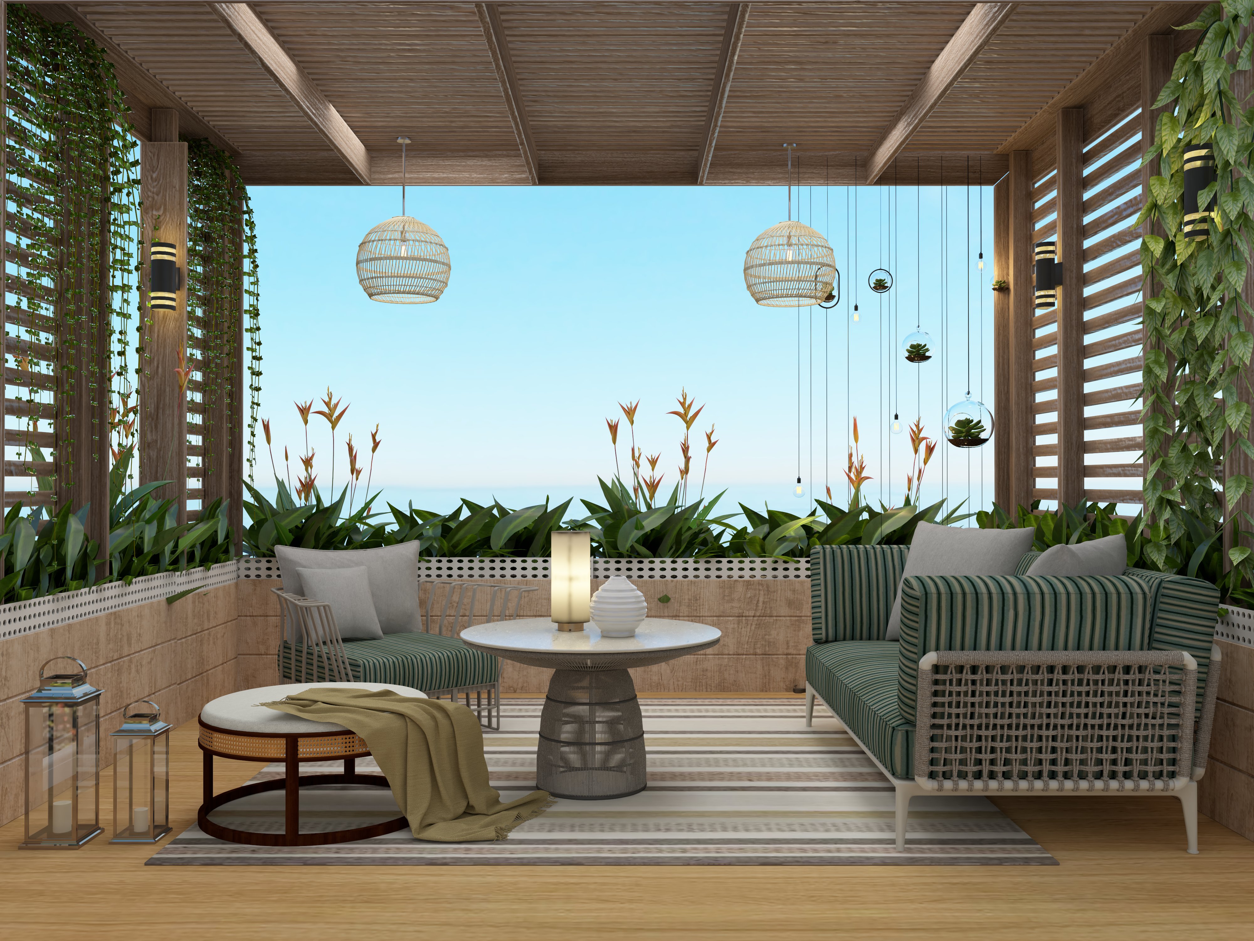 Modern balcony with wooden pergola and woven seating - Beautiful Homes