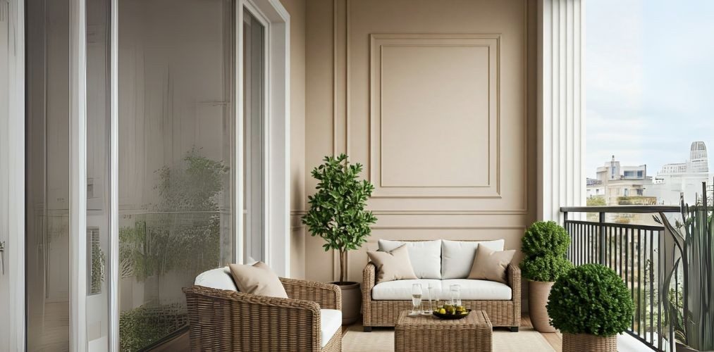 Balcony with wicker furniture and green plants - Beautiful Homes