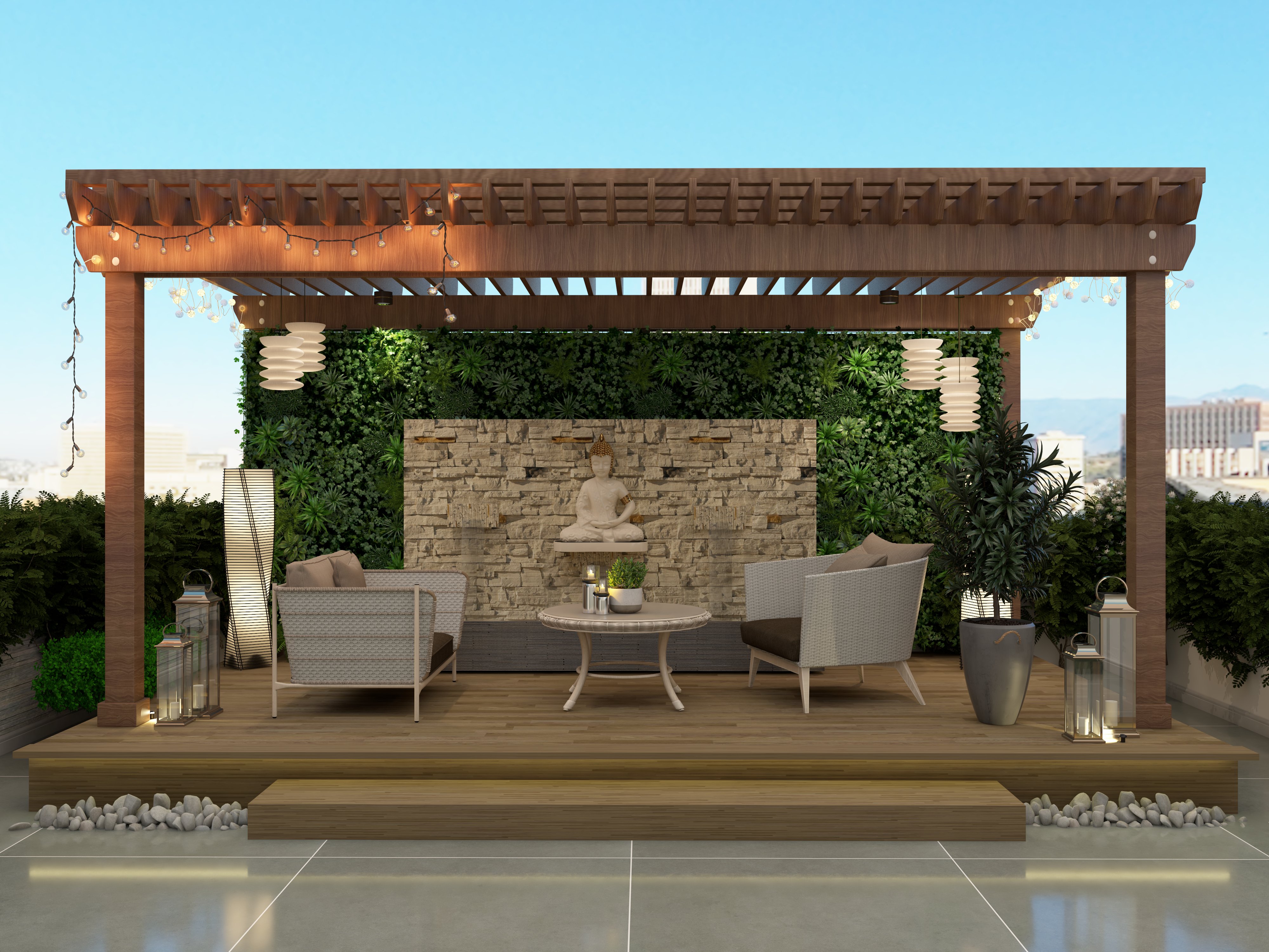 Terrace garden with waffle roof covering and stone accent wall - Beautiful Homes
