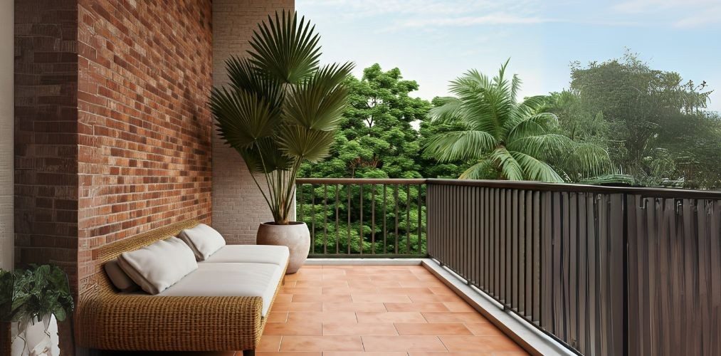 Modern balcony with brick wall and greenery - Beautiful Homes