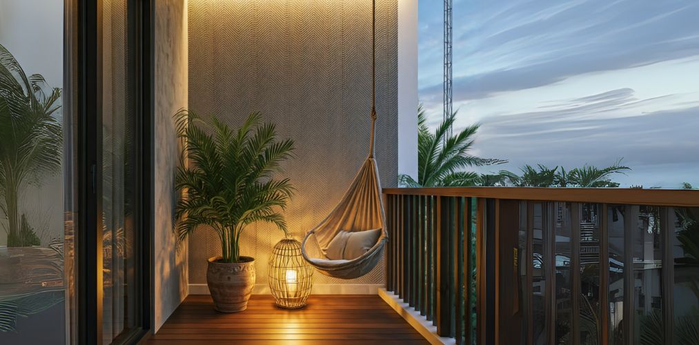 Balcony with swing chair and warm lighting - Beautiful Homes