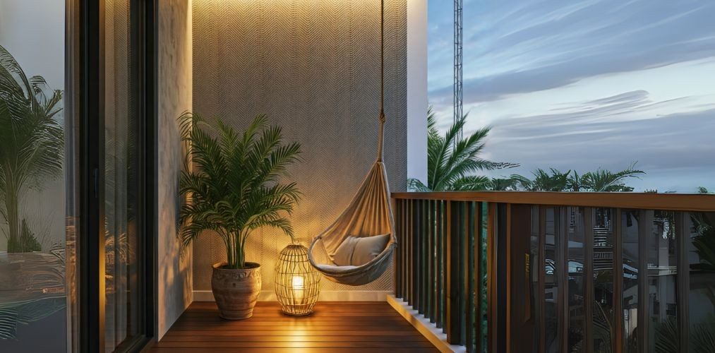 Balcony with swing chair and warm lighting - Beautiful Homes