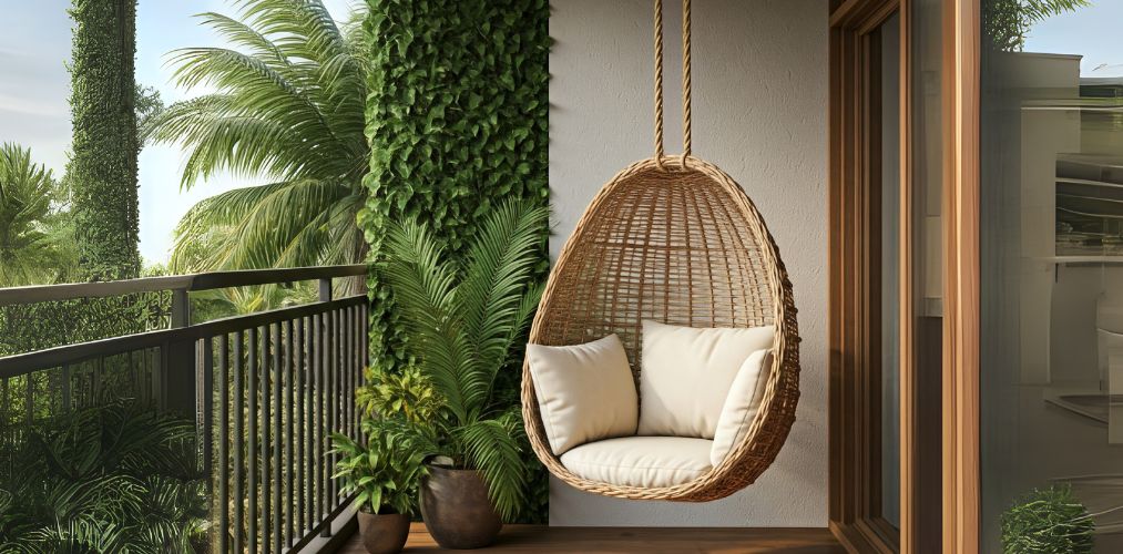 Balcony with wicker chair and greenery - Beautiful Homes