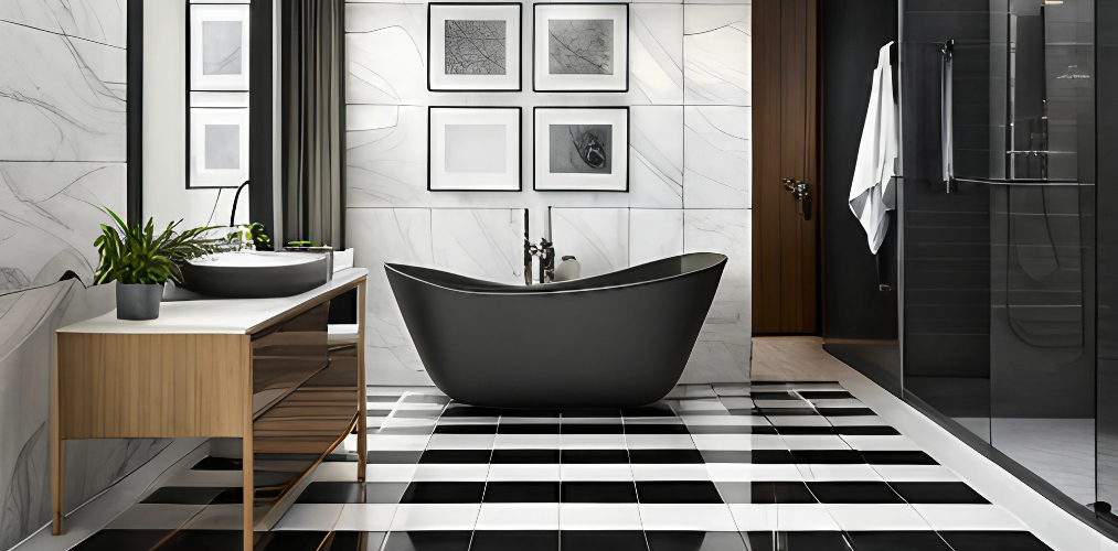 Bathroom floor tile design with white and black vitrified tiles-Beautiful Homes