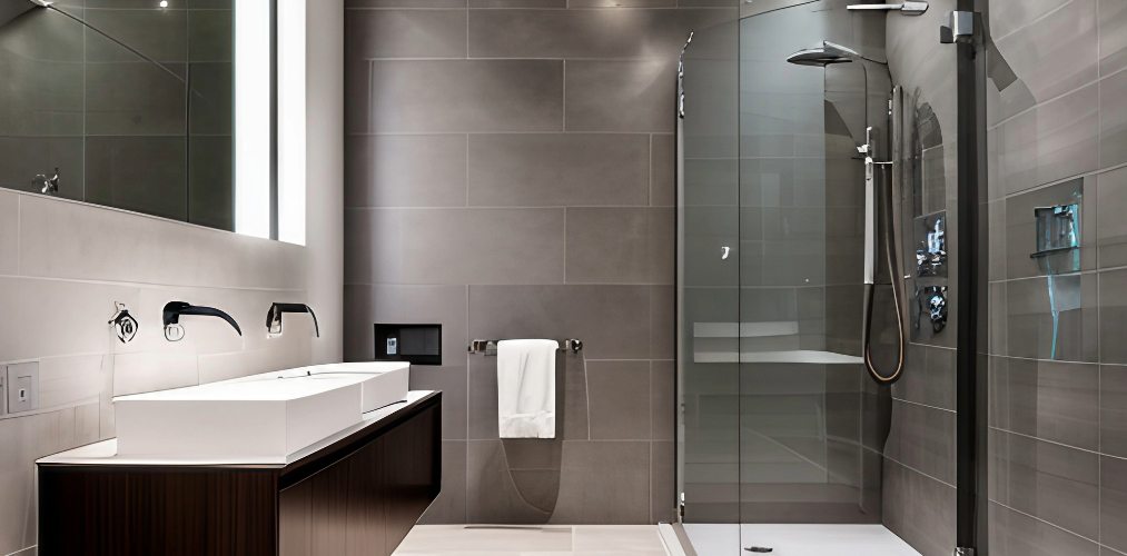 Bathroom tile design with grey porcelain tiles-Beautiful Homes