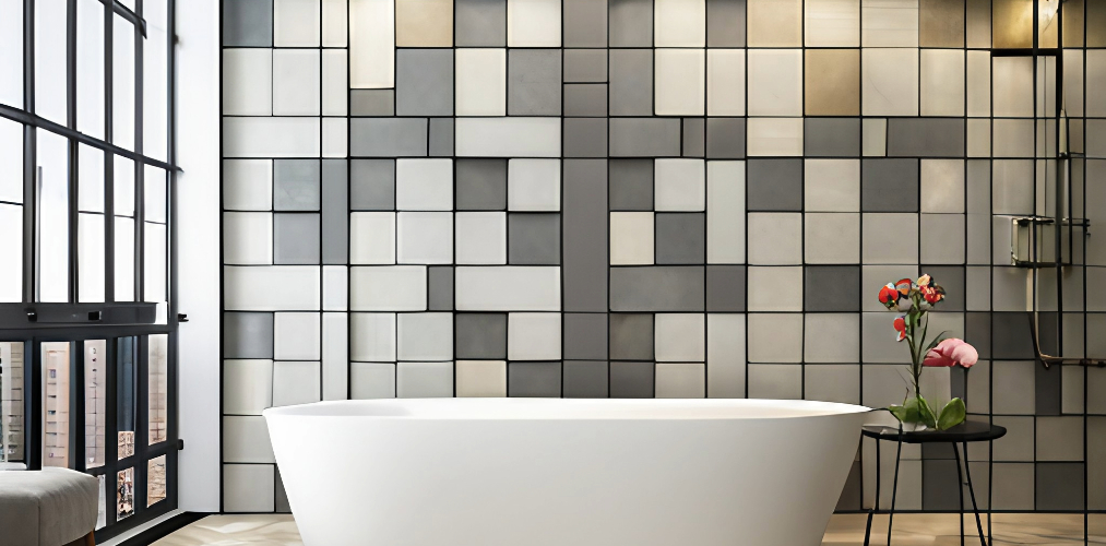 Bathroom wall with grey designer tiles-Beautiful Homes