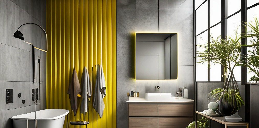 Grey bathroom with yellow highlighter tiles-Beautiful Homes