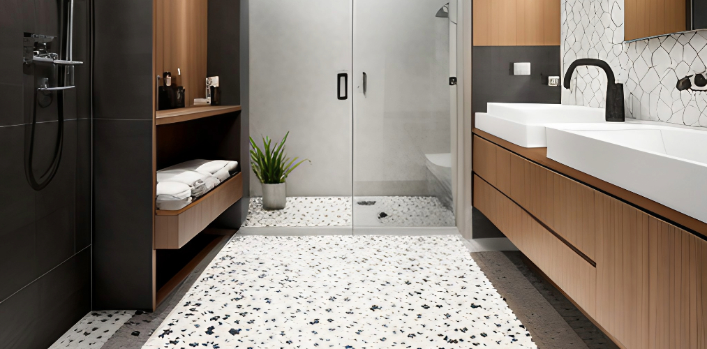 Luxury bathroom tile design with white terrazzo tiles-Beautiful Homes