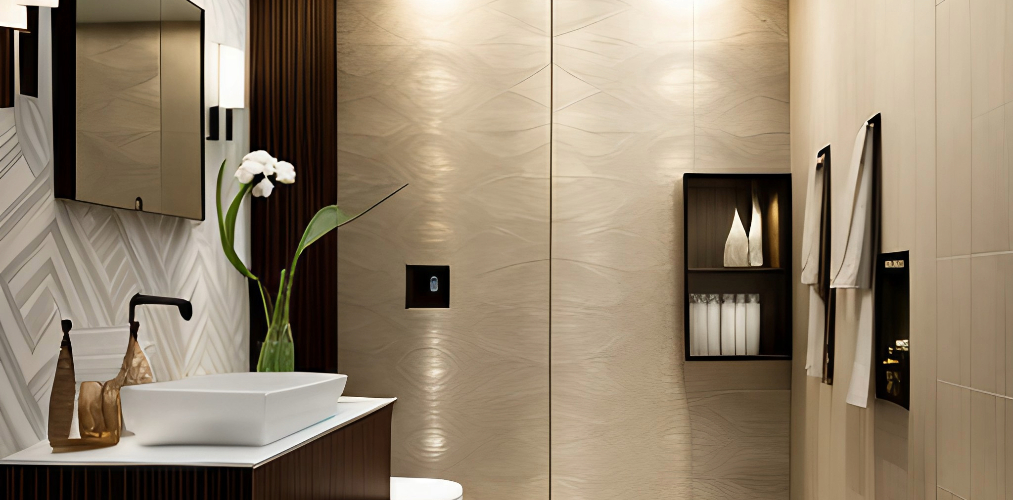 Beige textured bathroom tiles for powder room-Beautiful Homes