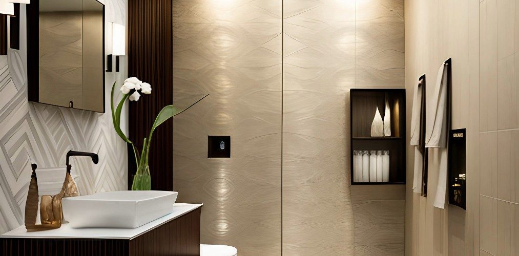 Beige textured bathroom tiles for powder room-Beautiful Homes