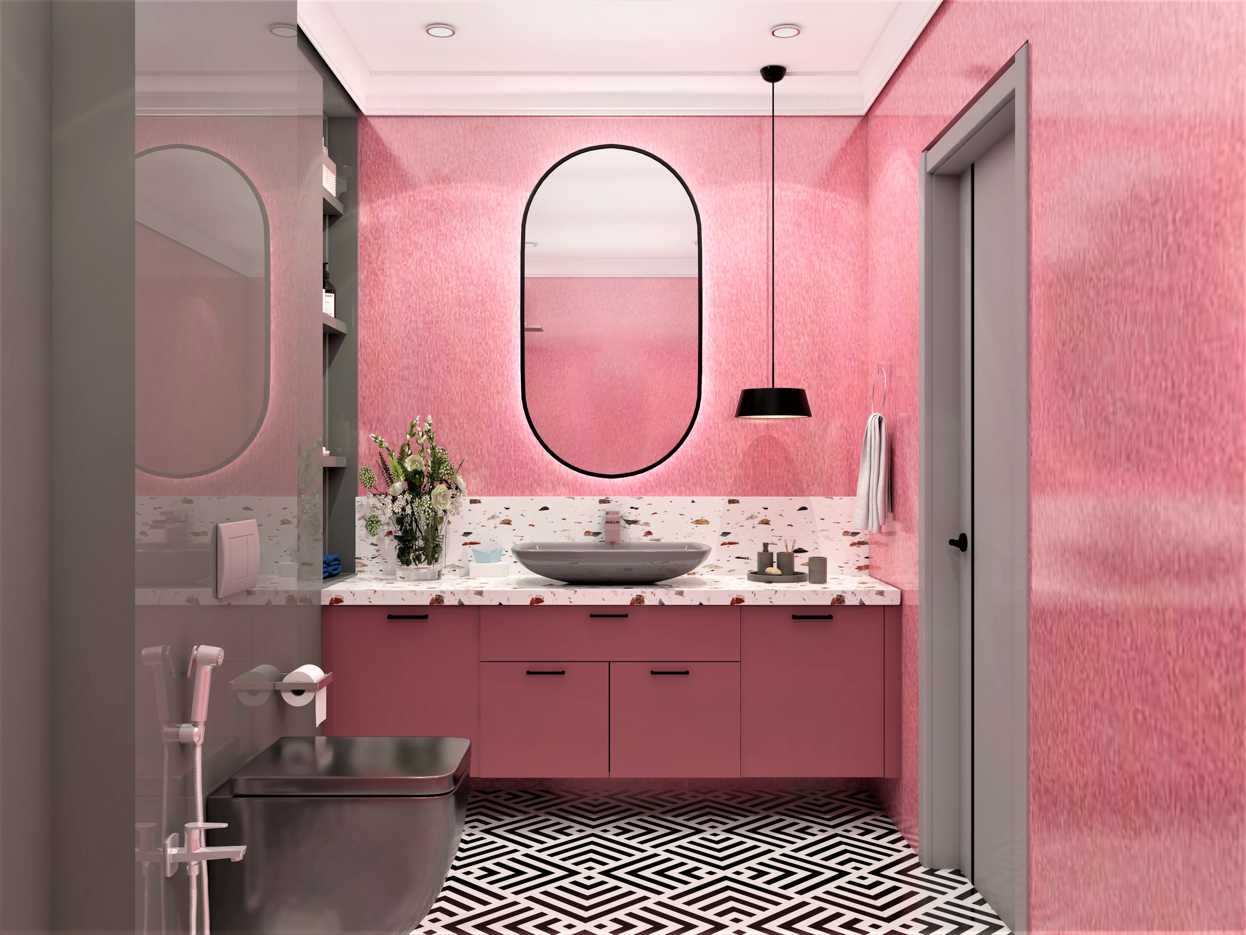 Pink bathroom with vanity unit and designer tiles-Beautiful Homes