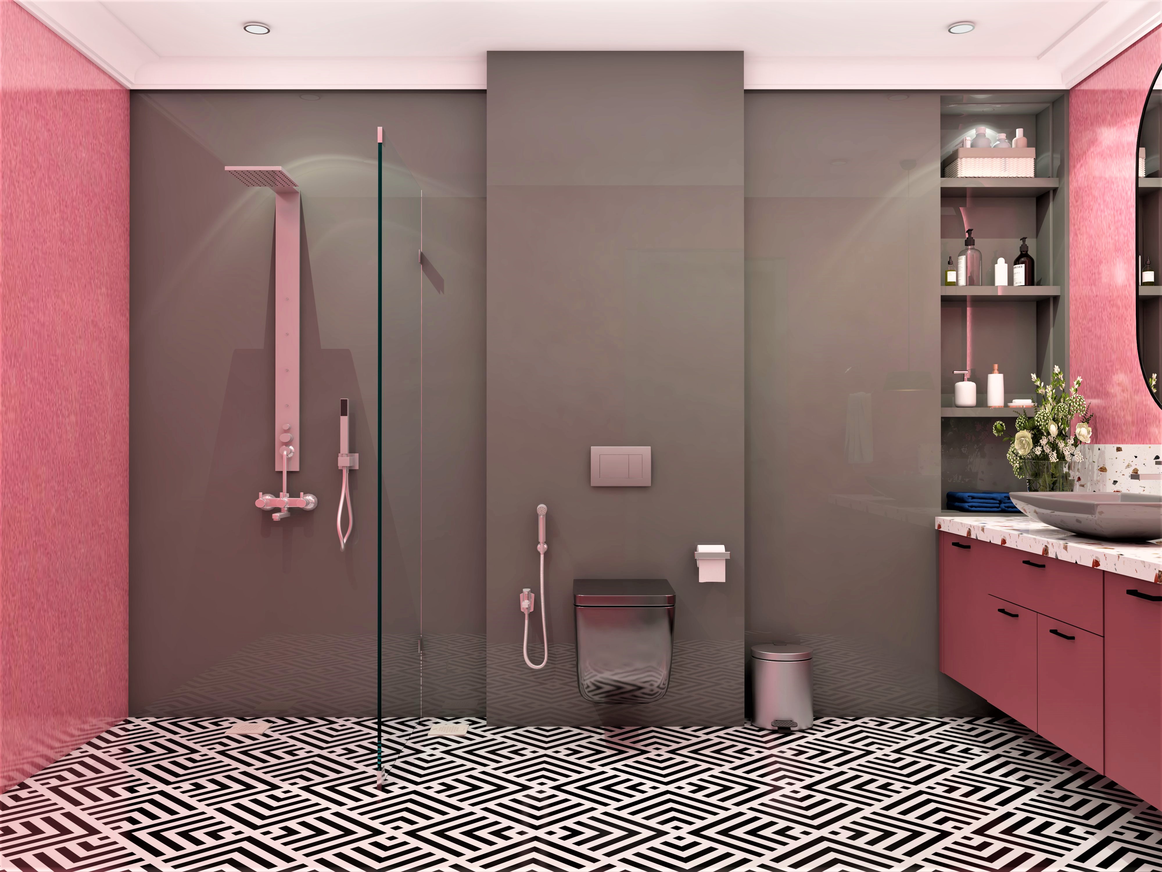 Grey and pink bathroom with shower panel and wall shelves-Beautiful Homes
