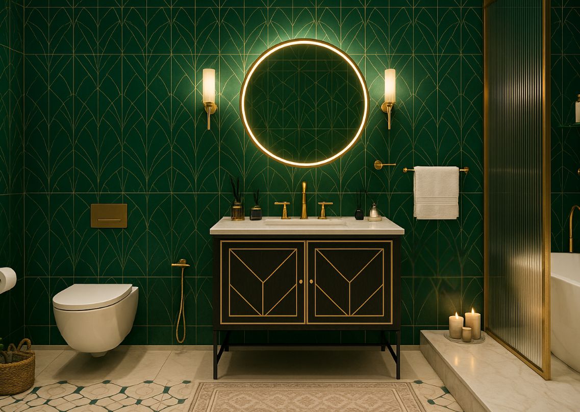Luxurious green bathroom with gold fittings - Beautiful Homes