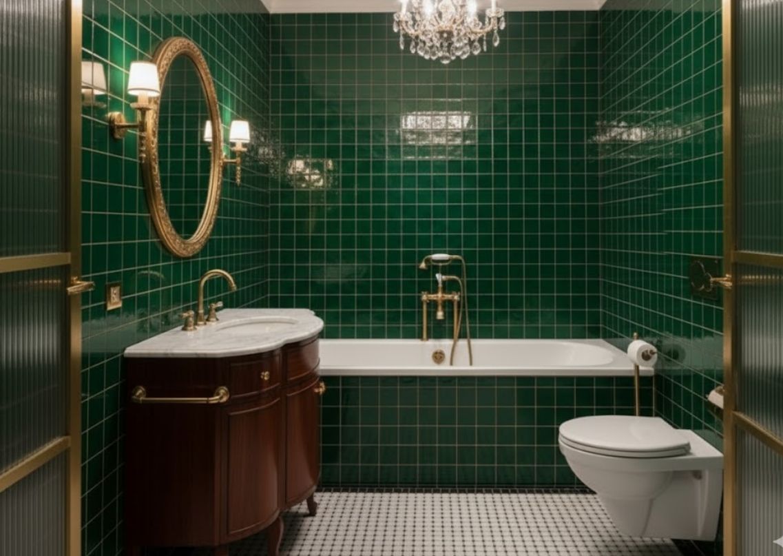 Bathroom with green tiles and gold accents - Beautiful Homes