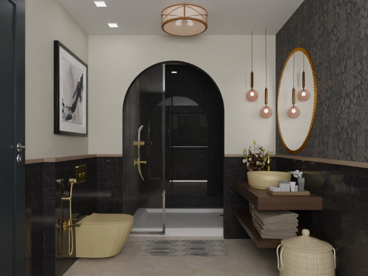 Luxurious bathroom with black tiles and gold accents - Beautiful Homes