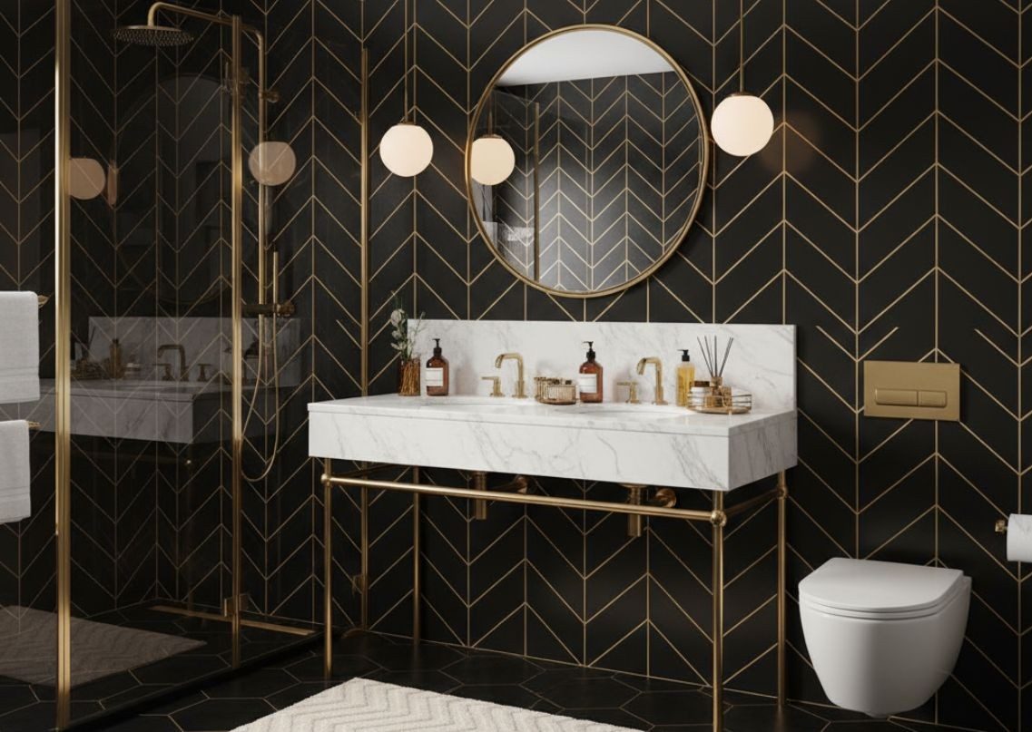 Bathroom with chevron tiles and marble vanity - Beautiful Homes